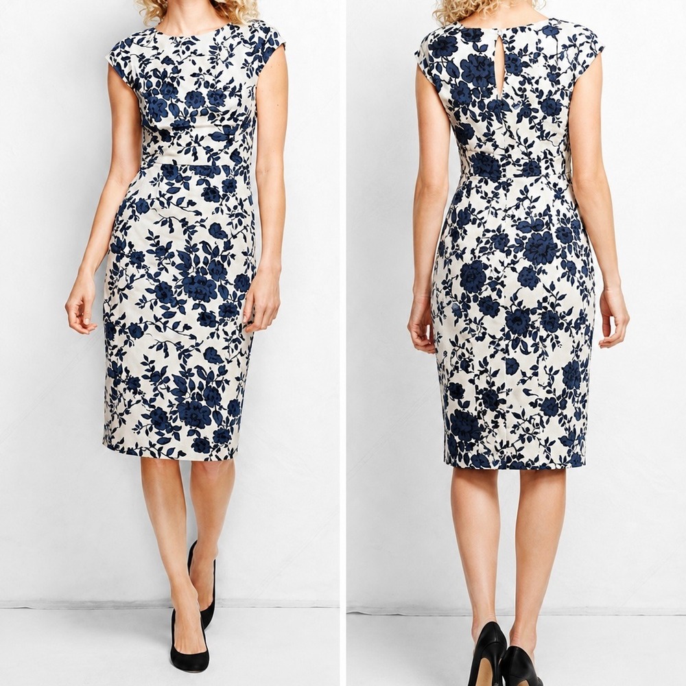 Lands End Womens Size 10 Floral Sheath Dress Navy Blue Cream Cap Sleeve Lined